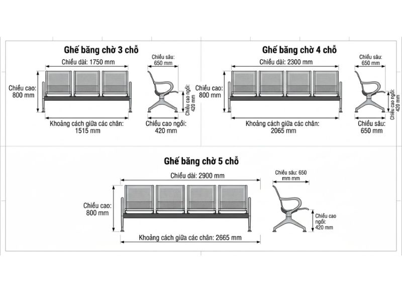 Kích thước ghế băng chờ tiêu chuẩn nhiều chỗ