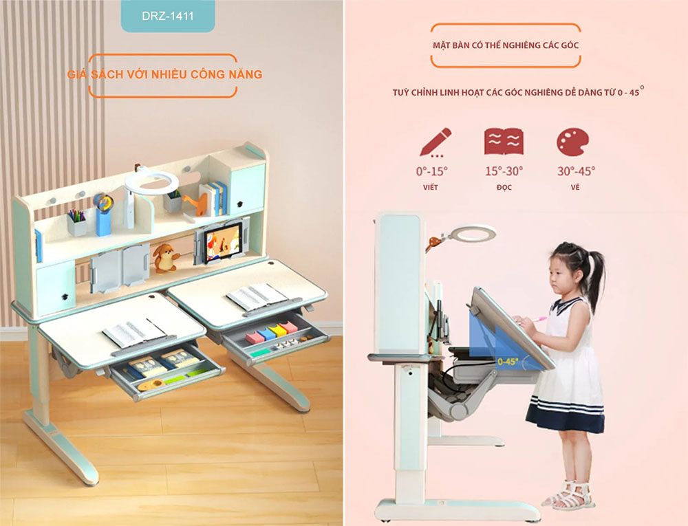 mẫu 2 bàn học đôi thông minh chống gù lưng tiện lợi 
