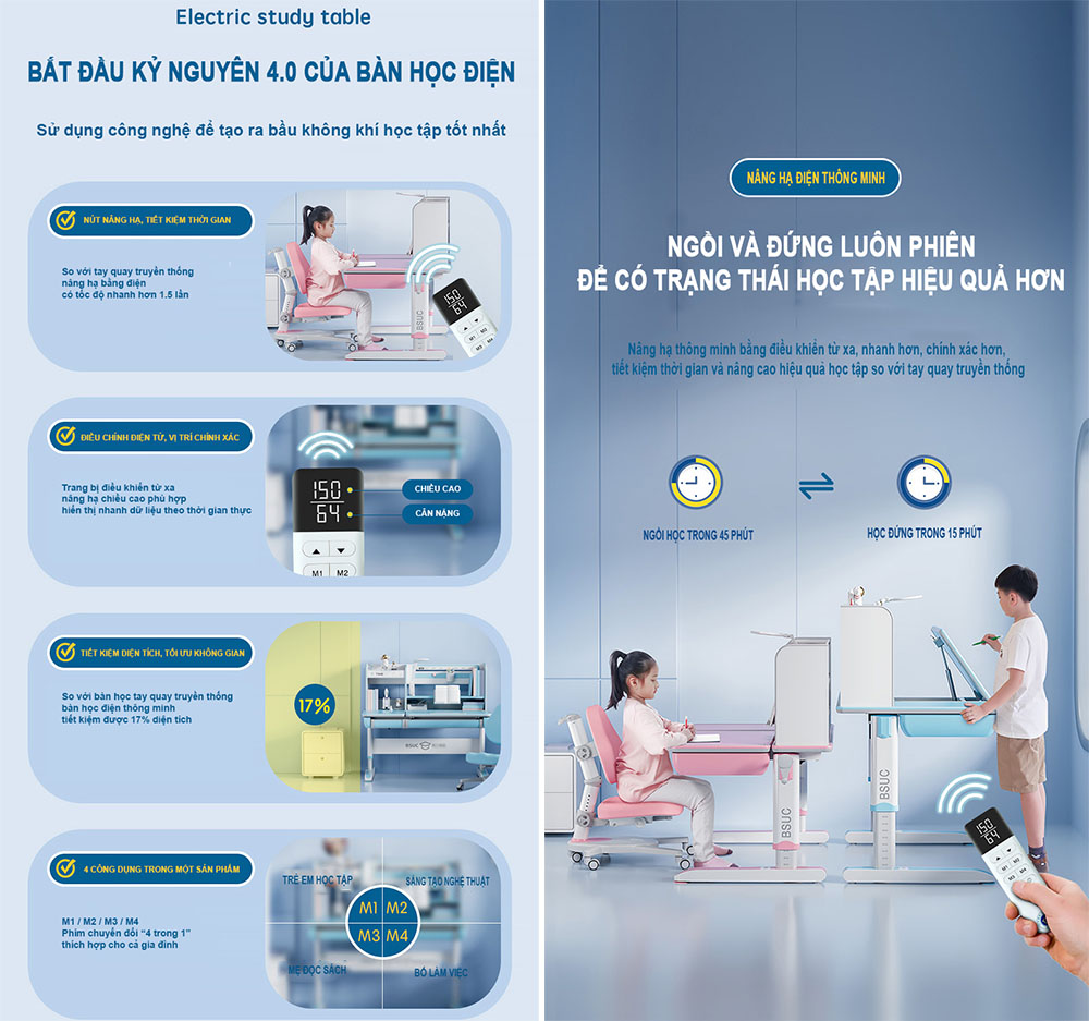 thông tin bàn học thông minh điều khiển nâng hạ thông minh cho bé
